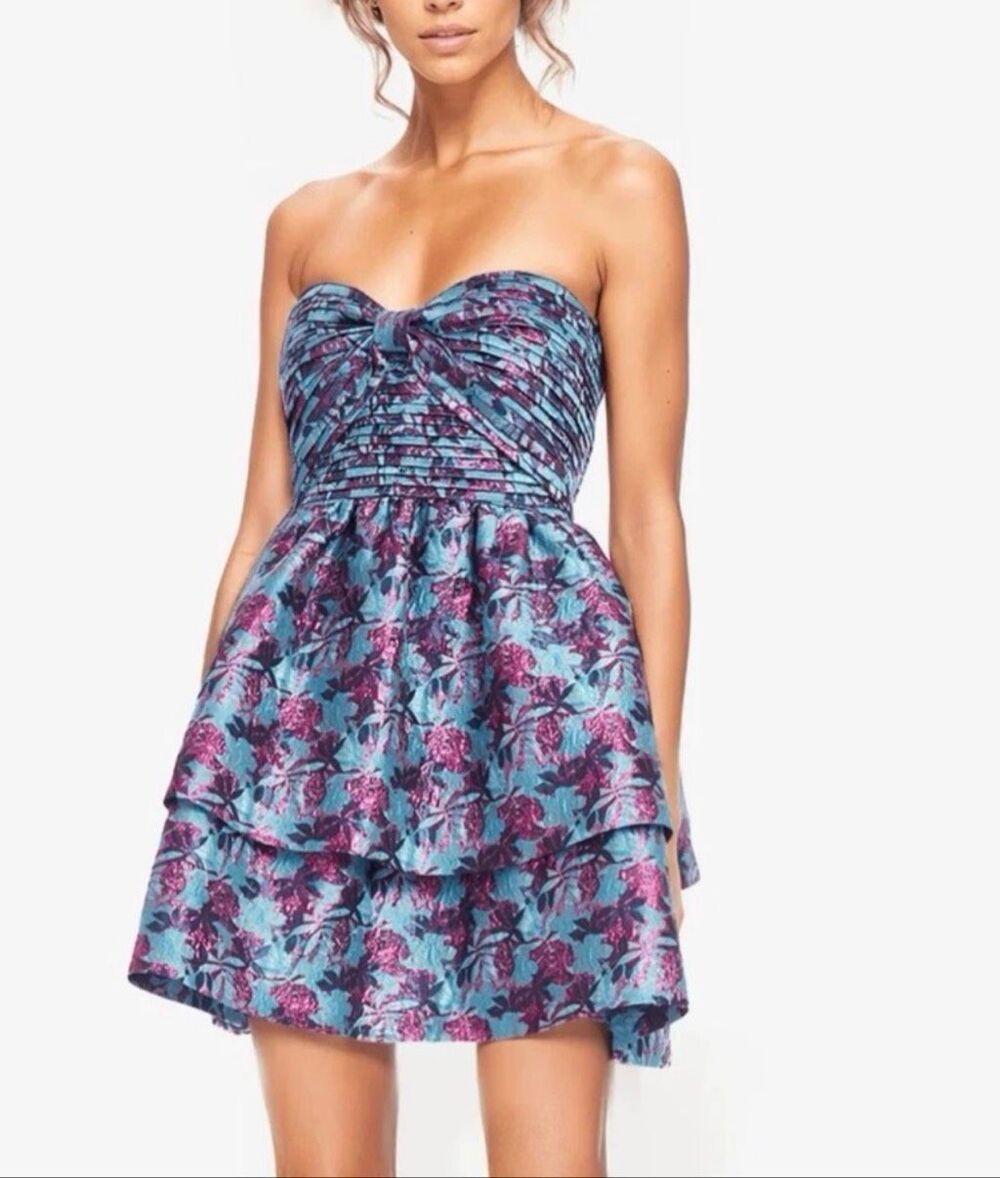 One33 Social $495 Badgley Mischka Kimberly Strapless Jacquard Mini Dress Blue Sz